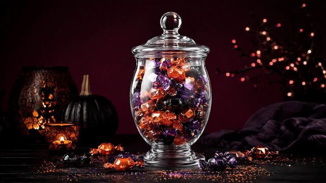 Glass jar filled with orange and purple Halloween candy beside a pumpkin. Halloween sweets and candy bowl. Seasonal party treats. Spooky holiday decor.