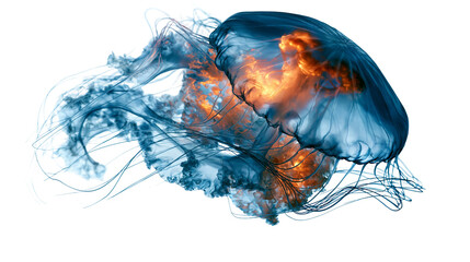 Glowing blue and orange jellyfish with long flowing tentacles © Isadora