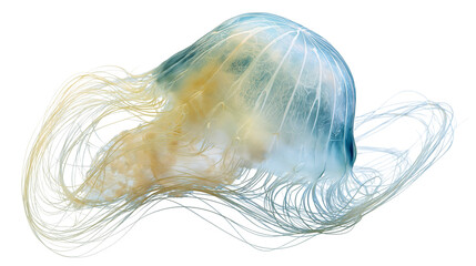 Translucent blue and yellow jellyfish with long delicate flowing tentacles © Isadora