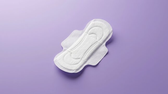 A detailed examination of a white sanitary pad on a lavender background focusing on feminine hygiene and menstrual cycle products for women's