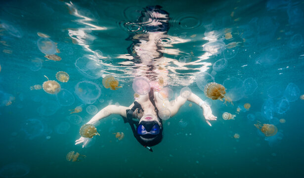 Woman floats among a swarm of jellyfish underwater