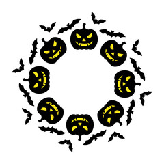 Fototapeta premium Dibujo sencillo de un marco circular con la silueta de calabazas con la cara tallada de jack-o-lantern con murciélagos, para tarjetas y felicitaciones de Halloween 