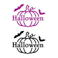 Fototapeta premium Dibujo sencillo con líneas de una calabaza con murciélagos volando alrededor y el texto Halloween. Diseño para tarjetas y felicitaciones