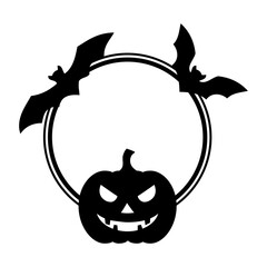 Fototapeta premium Logo con dibujo sencillo de una calabaza con la cara tallada de jack-o-lantern con murciélagos, en marco circular, para tarjetas y felicitaciones de Halloween 