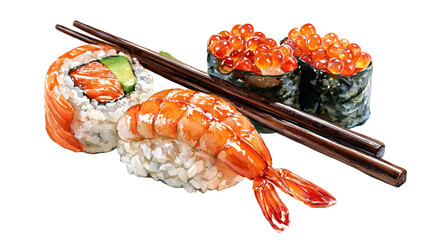 Salmon avocado sushi roll shrimp nigiri, and salmon roe gunkan with chopsticks © Isadora