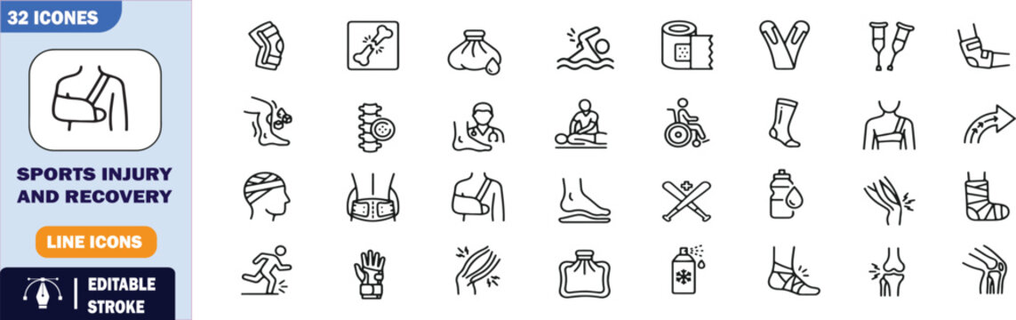 32 Sports Injury and Recovery Vector Outline Icons Set &ndash; Physical Therapy, Rehabilitation, and Medical Treatment Line Symbols Collection