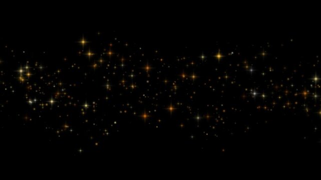Gold sparkle wave sweeping across a black background as a curved arc of twinkling glints and fine dust flows steadily from one side to the other