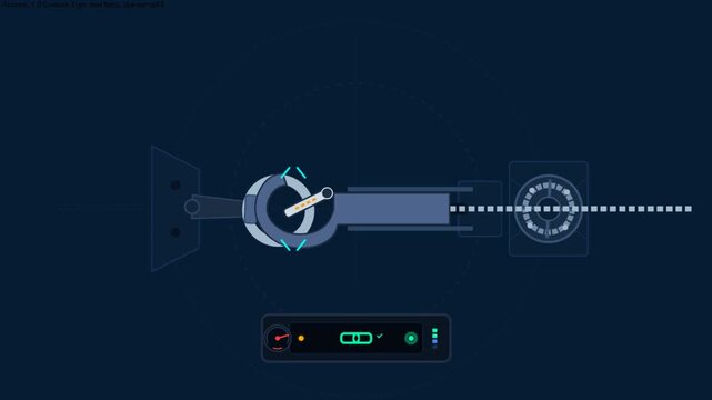 Animated technical UI hook latch connecting on darkfield background with telemetry HUD elements