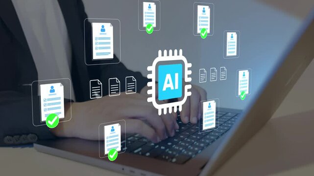 Automated resume screening and candidate evaluation using AI. AI recruitment system for smart hiring, human resources management technology and automation in business

