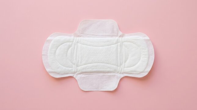 A detailed examination of a white sanitary pad against a soft pastel pink background focusing on feminine hygiene and period products
