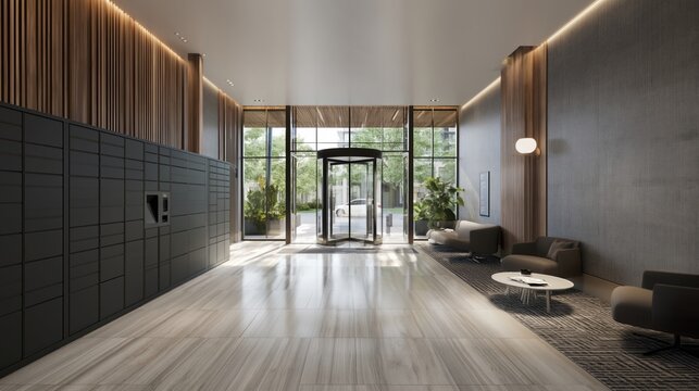 Modern parcel locker wall in bright residential lobby with lounge seating and large windows overlooking courtyard garden