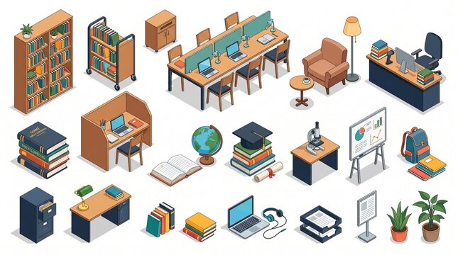 Professional library and education icon collection featuring bookshelves, reading desks, study materials, lamps, furniture, and academic resources, isometric vector illustrations.