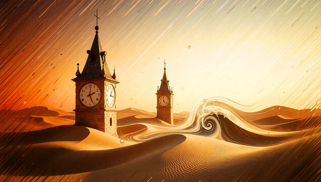 Surreal Concept of Time and Nature Featuring Ancient Clock Towers Rising From Desert Sand Dunes With a Massive Ocean Wave Swirl Under a Golden Sunset Sky