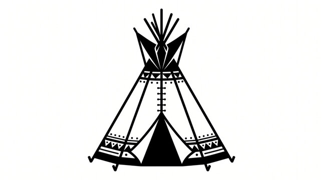 Black silhouette vector illustration of a traditional indigenous canvas teepee tent with poles and geometric ornaments, isolated on a clean white background.
