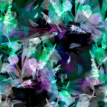 Seamless abstraction pattern, background. Watercolor Abstract forest, tree, spruce, cedar. Dark thicket of the forest. Splash of paint.Trendy stylish background for fabric, material.blizzard, snow.

