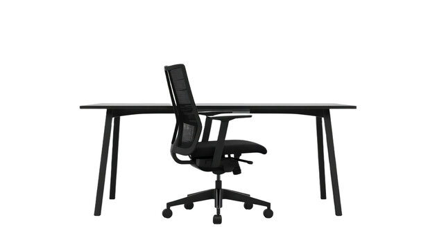 Modern ergonomic mesh office chair positioned at a sleek black minimalist desk