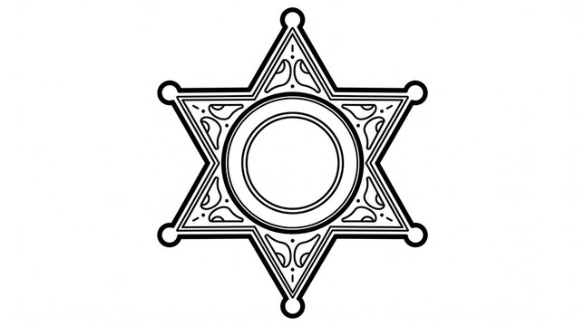 Black outline vector illustration of a vintage Western six-point sheriff star badge with decorative engraving, isolated on a clean white background.