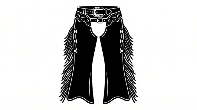 Black silhouette vector illustration of vintage leather cowboy chaps with fringe, buckles, and decorative studs, isolated on a clean white background.