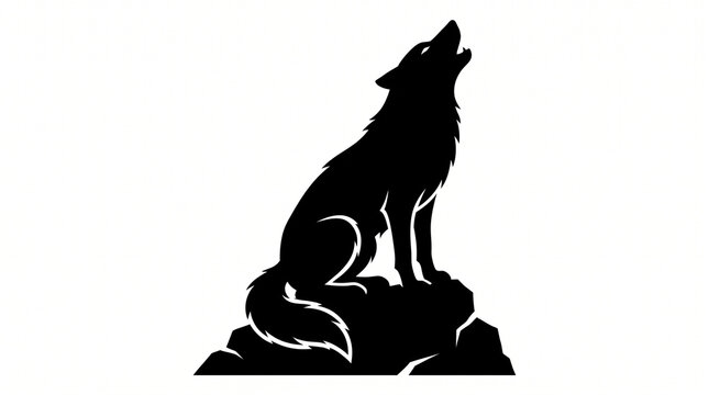 Black silhouette vector illustration of a wild wolf howling while sitting on a rock, isolated on a clean white background.