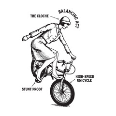 Vintage Retro Woman Balancing On a High Speed Unicycle Line Art Vector Illustration. © Creli Studio