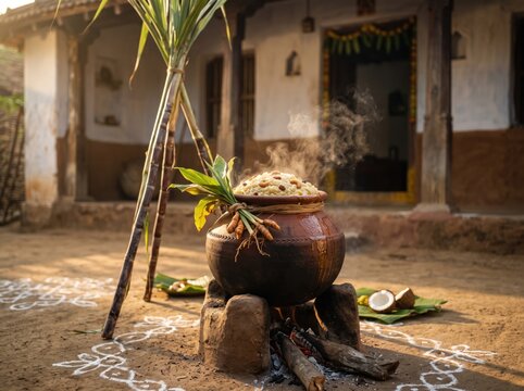 Pongal Preparation: A traditional clay pot filled with simmering rice and sugarcane stalks stands ready for the Pongal harvest festival, set against the backdrop of a rustic village home.