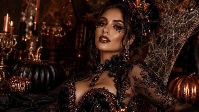 Woman in ornate black costume poses among pumpkins and cobwebs. Halloween gothic portrait. Dark fantasy fashion, seasonal celebration. Candlelit haunted house decor.