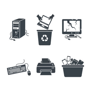 Electronic waste recycling icons depicting outdated computers monitors and broken digital equipment.