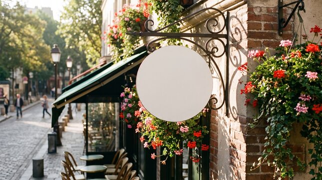 Charming Parisian street cafe with blooming flowers and outdoor seating on a sunny day.