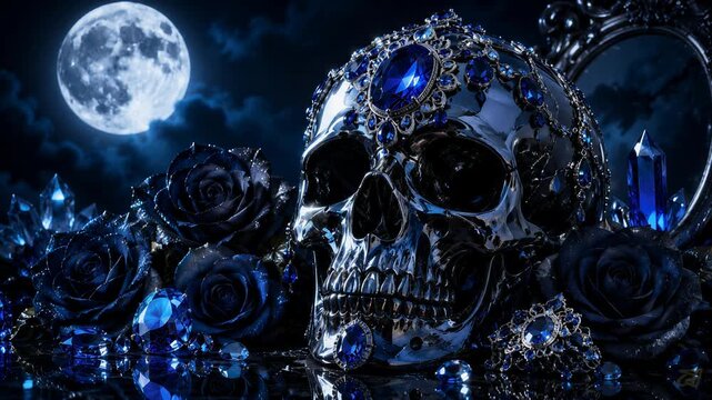 Jeweled skull among black roses beneath a full moon. Halloween gothic still life. Dark fantasy and macabre decor. Blue gemstone and jewelry concept.