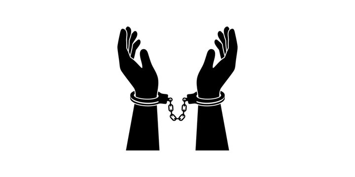 Handcuffed human hands raised in air on isolated white design template.