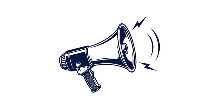 Retro dark blue bullhorn icon with lightning and wave sound sparks.