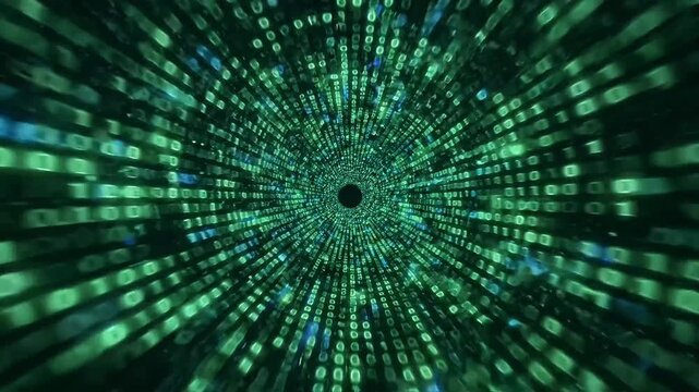 Abstract digital tunnel formed by floating glowing code particles and data streams in cyberspace