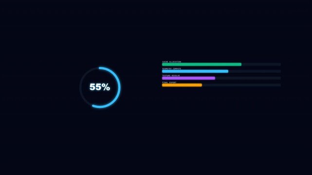 Circular progress indicator showing fiftyfive percent multicolored horizontal bar chart for data analytics interface. Suitable for business presentations or infographic designs.
