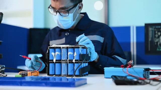 Skilled technician in blue gloves tests a custom lithium-ion battery pack using a multimeter. Expert assembly and repair of green energy storage