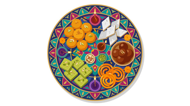 Top view illustration of a traditional Indian Diwali sweets platter featuring ladoo, gulab jamun, jalebi, kaju katli, and barfi on an ornate mandala tray with lit diyas on white background