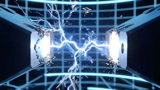 Blue electric discharge between metal electrodes in futuristic laboratory