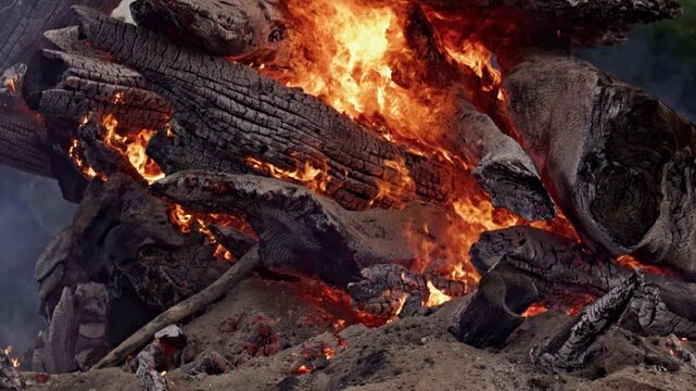 Fire burning through a pile of logs. Fire flames with charred wood. Intense fire between thick blackened logs. Fire illuminating cracked wood surfaces.