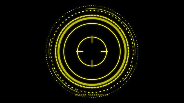 Futuristic yellow circular head-up display interface with target crosshair aiming element isolated on black background for digital animation projects