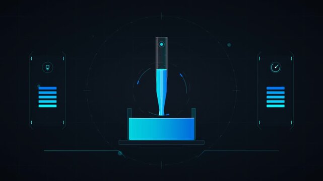 Futuristic telemetry HUD displaying a digital sampling tool analyzing liquid