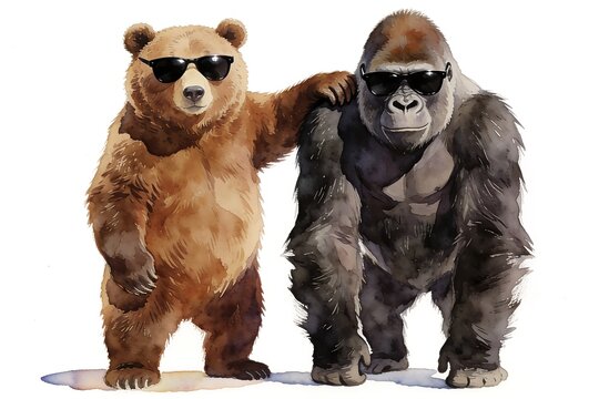 A watercolor brown bear and gorilla stand upright with an arm around each other wearing sunglasses on a pure white background