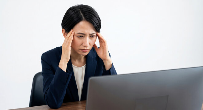 パソコン画面を見つめ両手でこめかみを押さえるショートヘアの女性