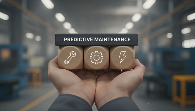 Hands hold black block with predictive maintenance title above wooden cubes showing wrench and gear icons in industrial factory.