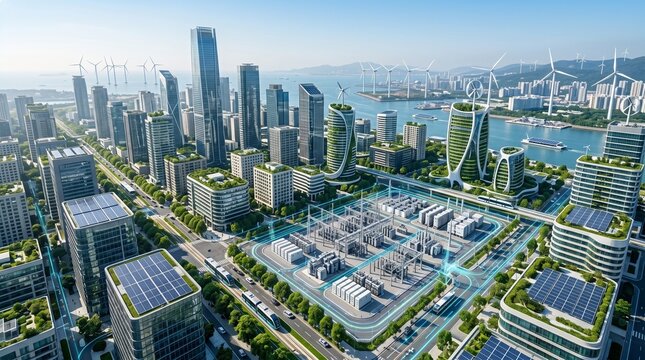 Modern city powered by integrated renewable energy and smart grid technology, sustainable urban infrastructure concept