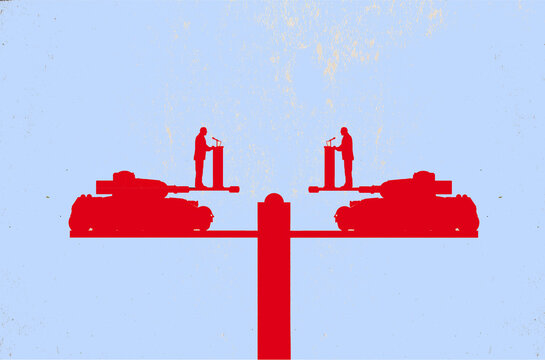 Political negotiation concept with silhouettes on military tanks