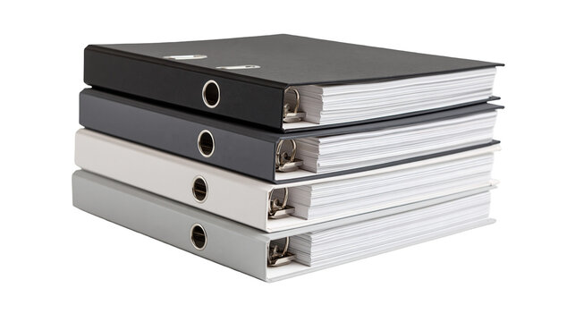 Stacked black grey, and white office ring binders with metal mechanisms