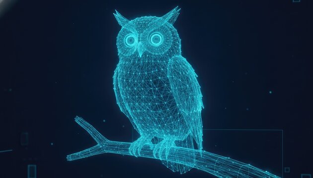 Intricate wireframe owl perched on a branch composed of glowing blue nodes and network connections to represent technology and intelligent data systems.