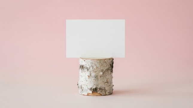 Blank white rectangular card held by a rustic birch wood log holder against a soft pastel pink background