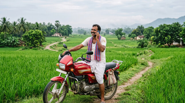 Indian farmer sitting on a red motorcycle talking on smartphone at agricultural field