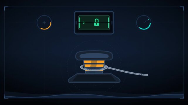 Animated vector telemetry interface displaying digital locking mechanism and chain wrapping around a nautical bollard against a dark background