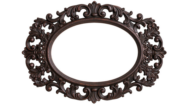 Ornate oval dark brown wooden picture frame with intricate carved floral details